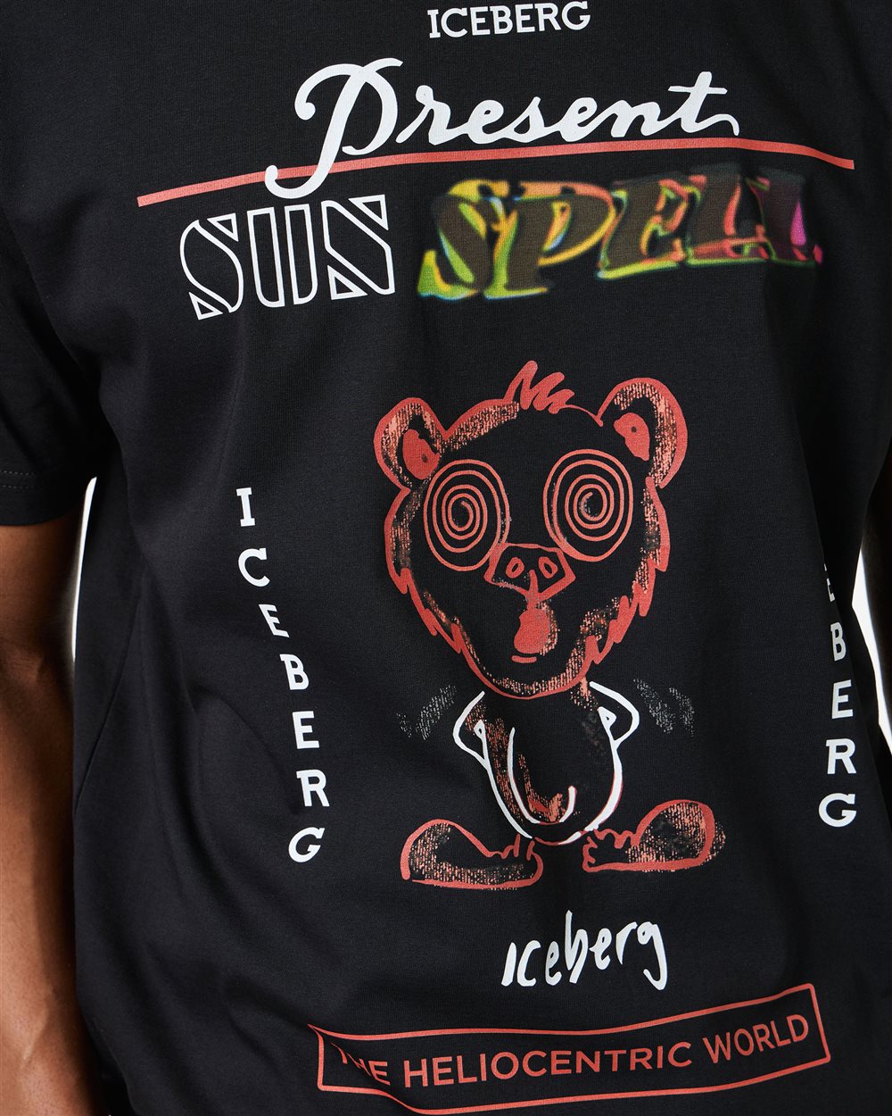 Black regular fit cotton T-shirt with maxi multicolor Bear print - Iceberg - Official Website