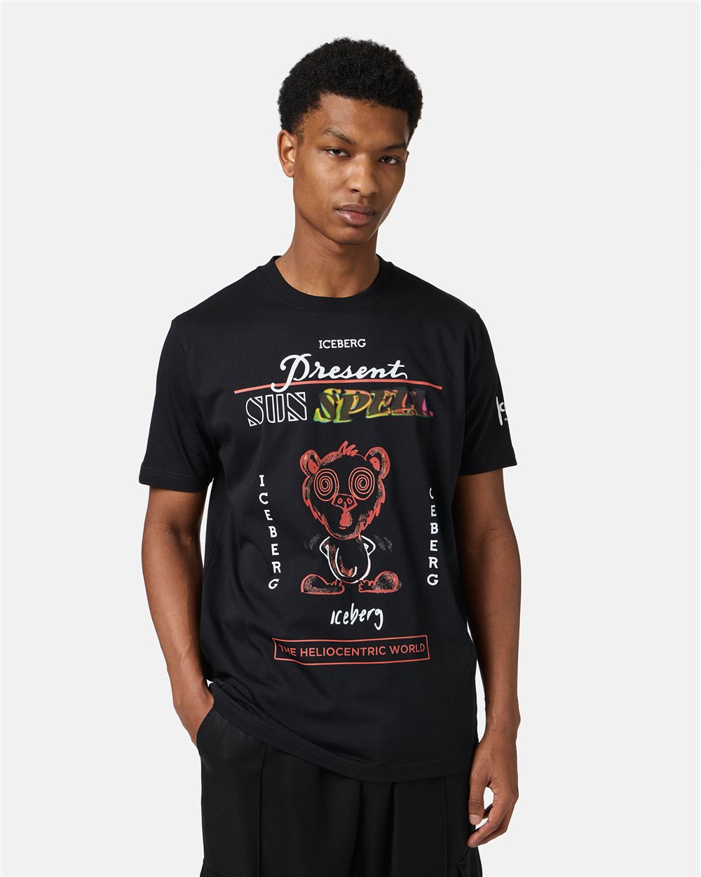 Black regular fit cotton T-shirt with maxi multicolor Bear print - Iceberg - Official Website