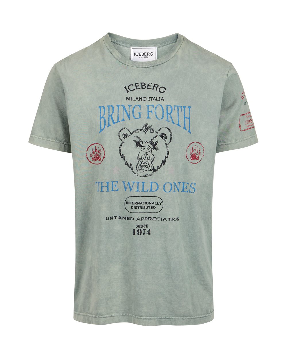 Regular-fit mint-colored T-shirt in random-wash dyed cotton with maxi Bear print - Iceberg - Official Website