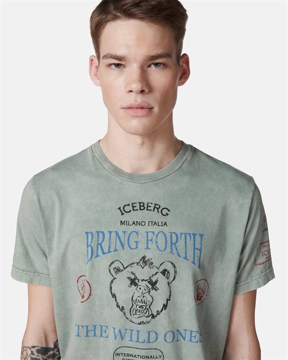 Regular-fit mint-colored T-shirt in random-wash dyed cotton with maxi Bear print - Iceberg - Official Website