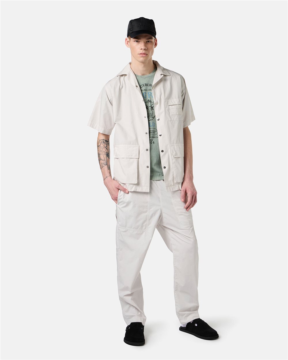 Regular-fit mint-colored T-shirt in random-wash dyed cotton with maxi Bear print - Iceberg - Official Website