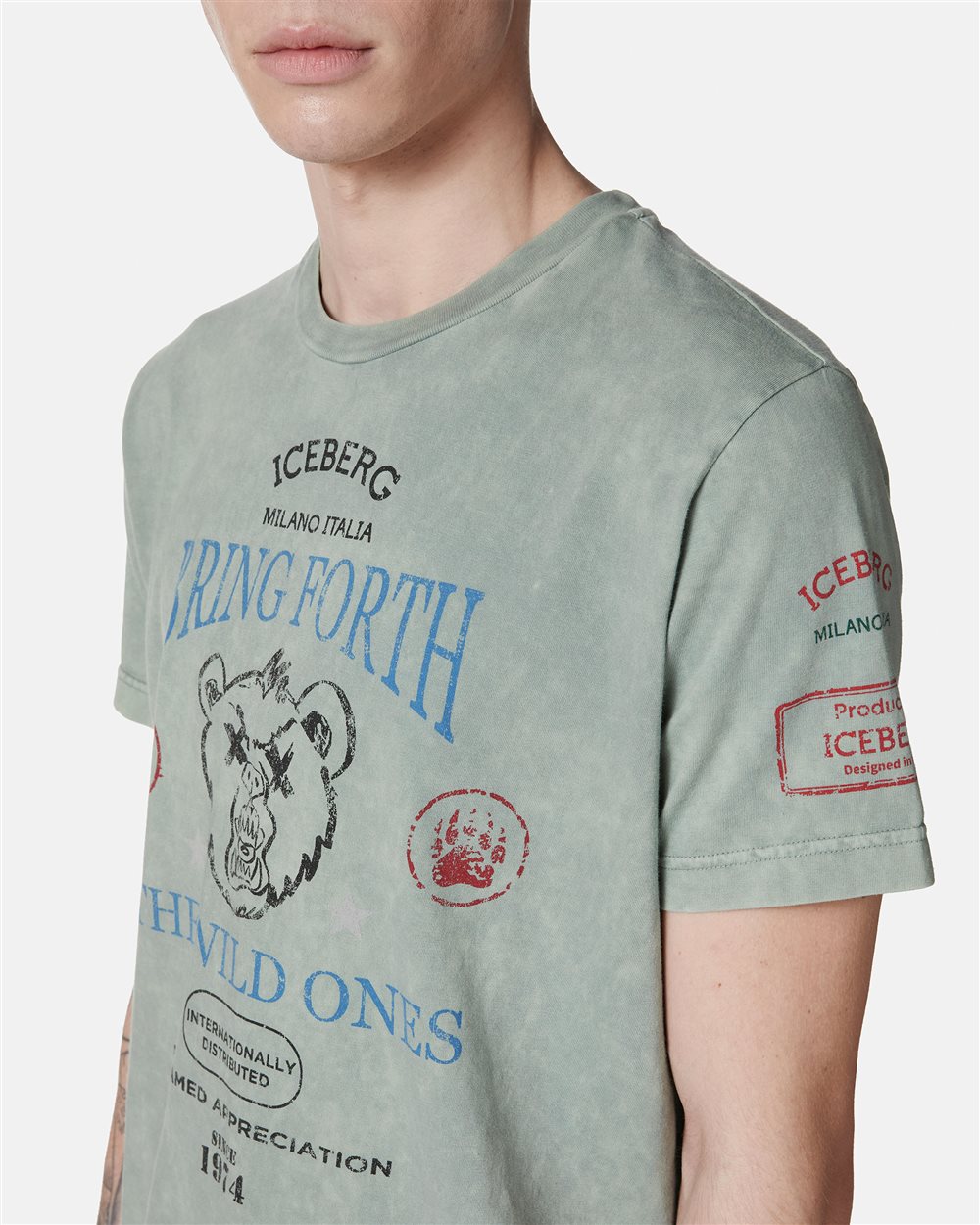 Regular-fit mint-colored T-shirt in random-wash dyed cotton with maxi Bear print - Iceberg - Official Website