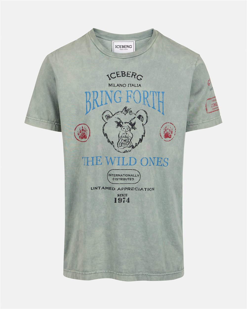 Regular-fit mint-colored T-shirt in random-wash dyed cotton with maxi Bear print - Iceberg - Official Website