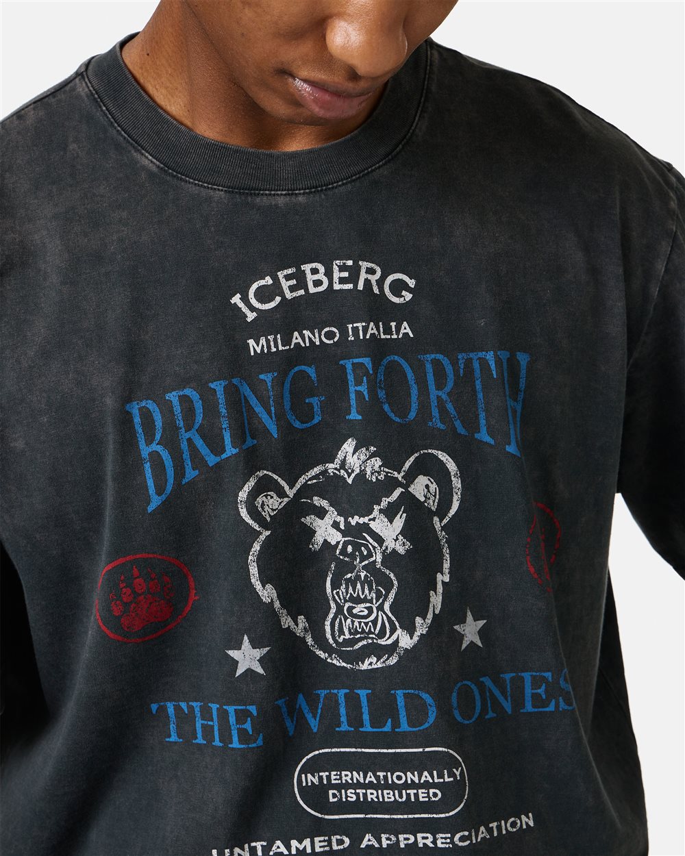 Regular-fit Black T-shirt in random-wash dyed cotton with maxi Bear print - Iceberg - Official Website