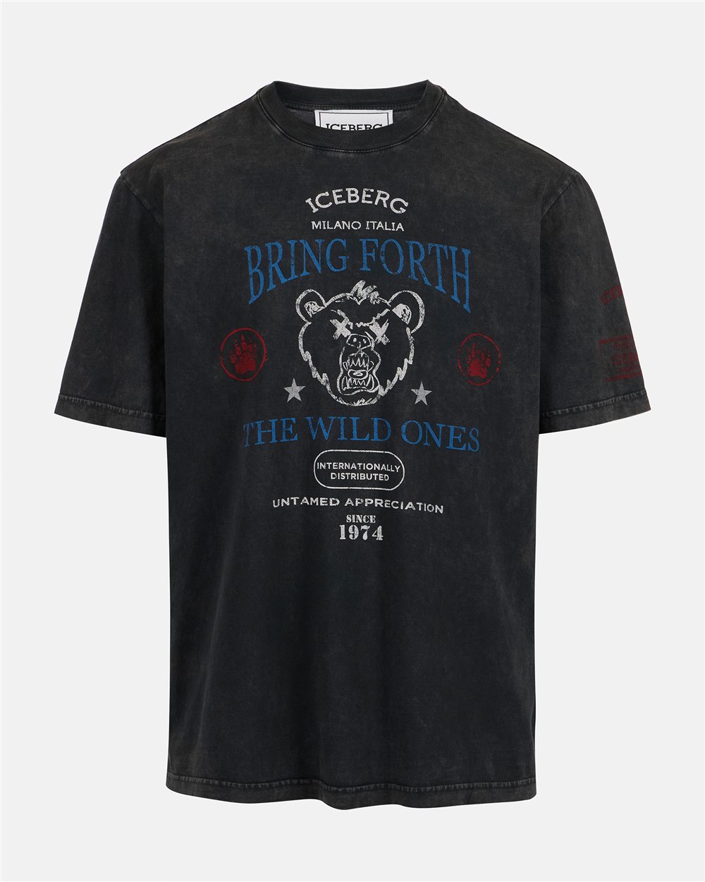 Regular-fit Black T-shirt in random-wash dyed cotton with maxi Bear print - Iceberg - Official Website