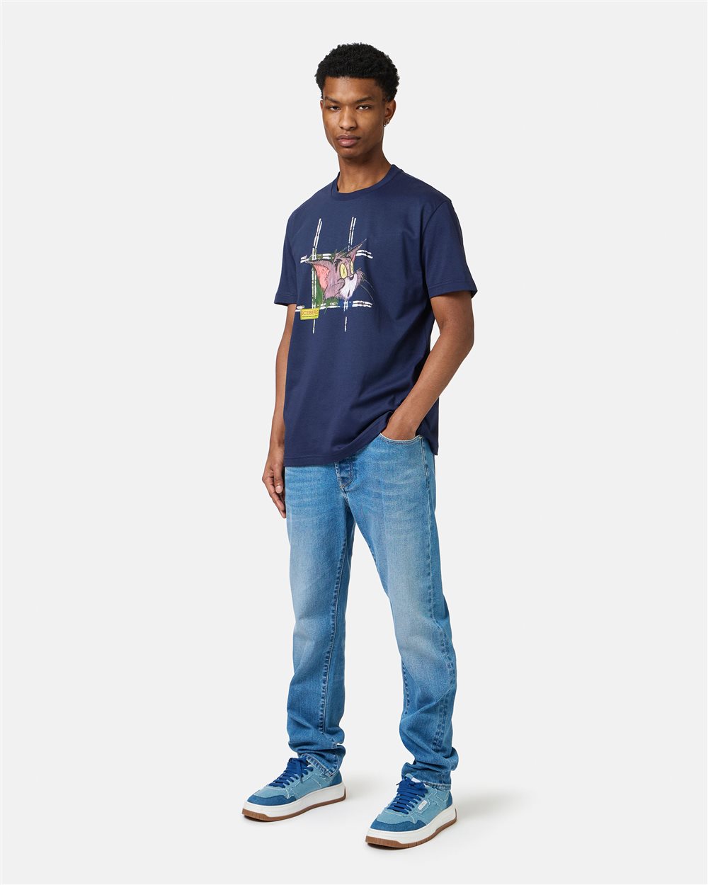 Classic regular fit blue T-shirt in cotton jersey with Tom print on the front - Iceberg - Official Website