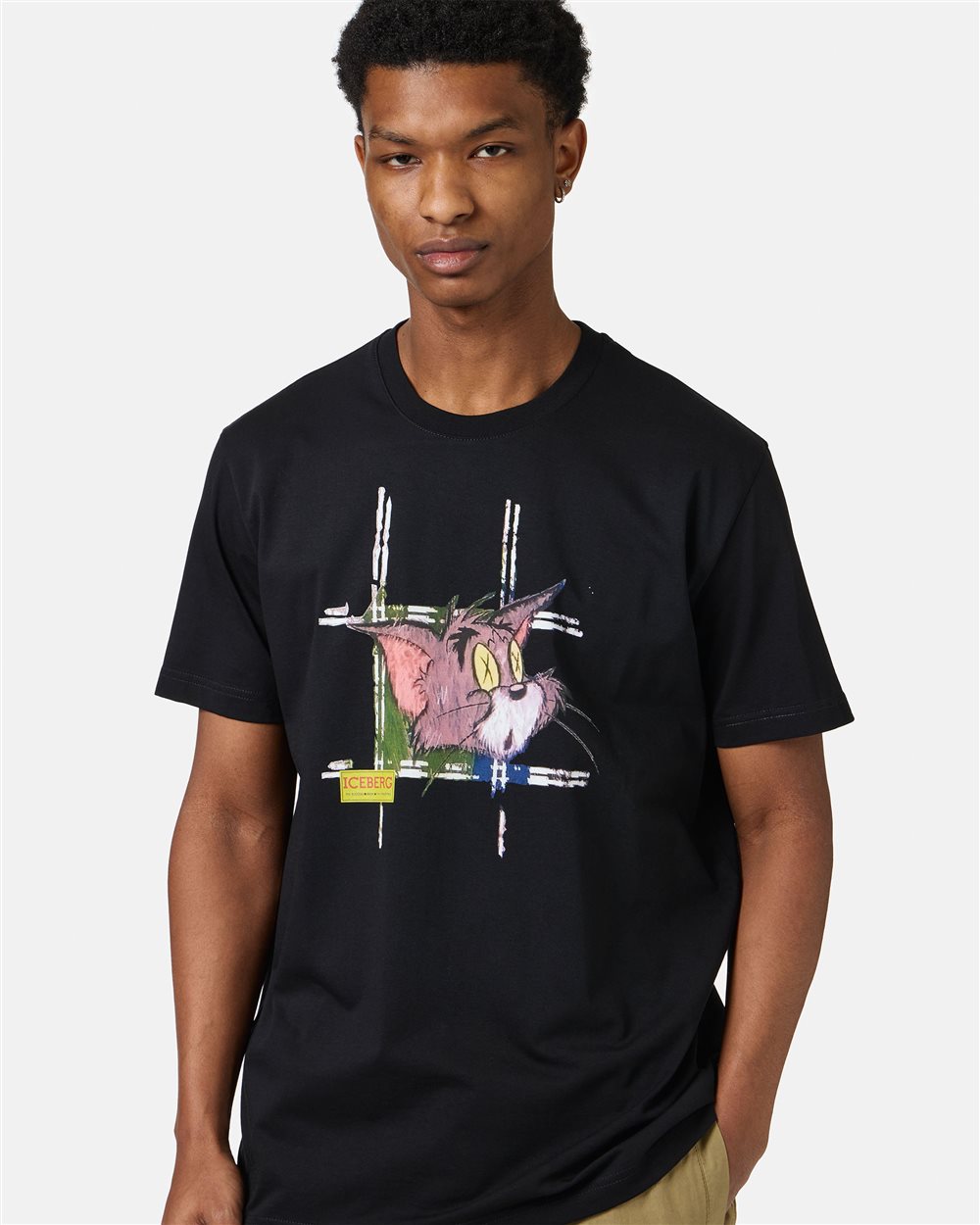Classic regular fit black T-shirt in cotton jersey with Tom print on the front - Iceberg - Official Website