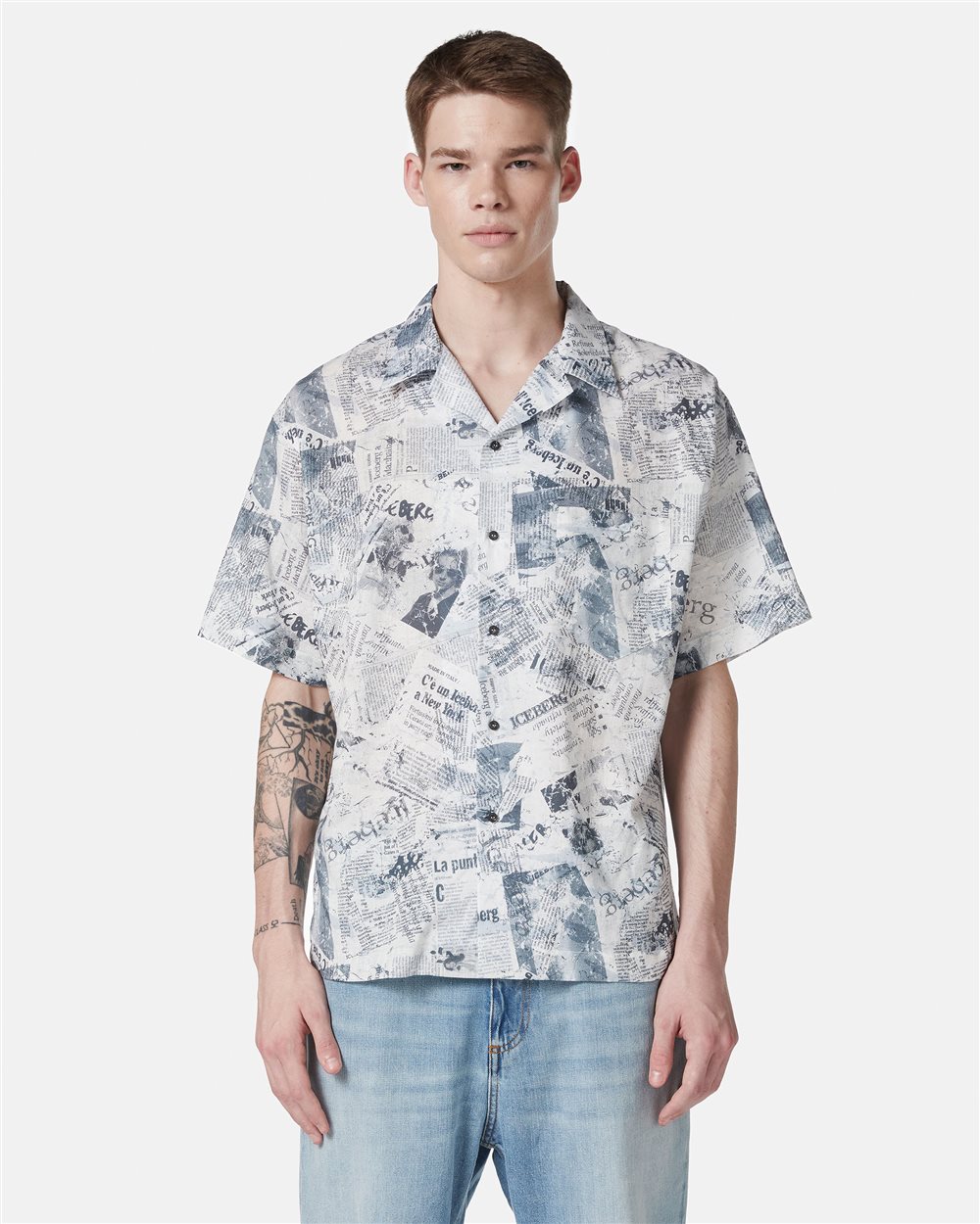 Blue background comfort fit short sleeve bowling shirt - Iceberg - Official Website