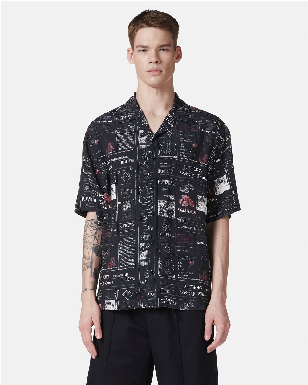 Dark blue relaxed fit short sleeve bowling style shirt with allover logo - Iceberg - Official Website