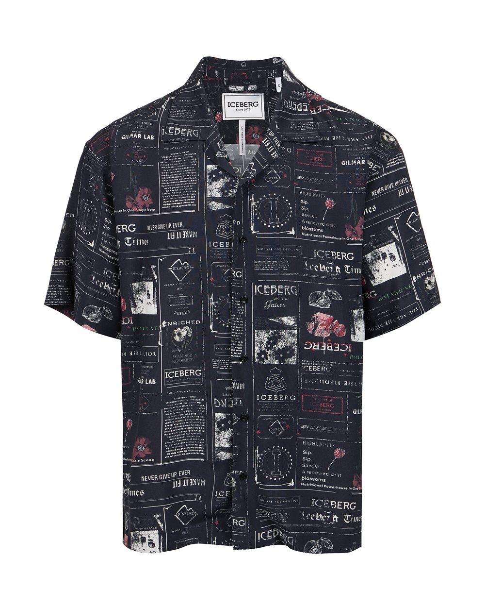 Dark blue relaxed fit short sleeve bowling style shirt with allover logo - Iceberg - Official Website