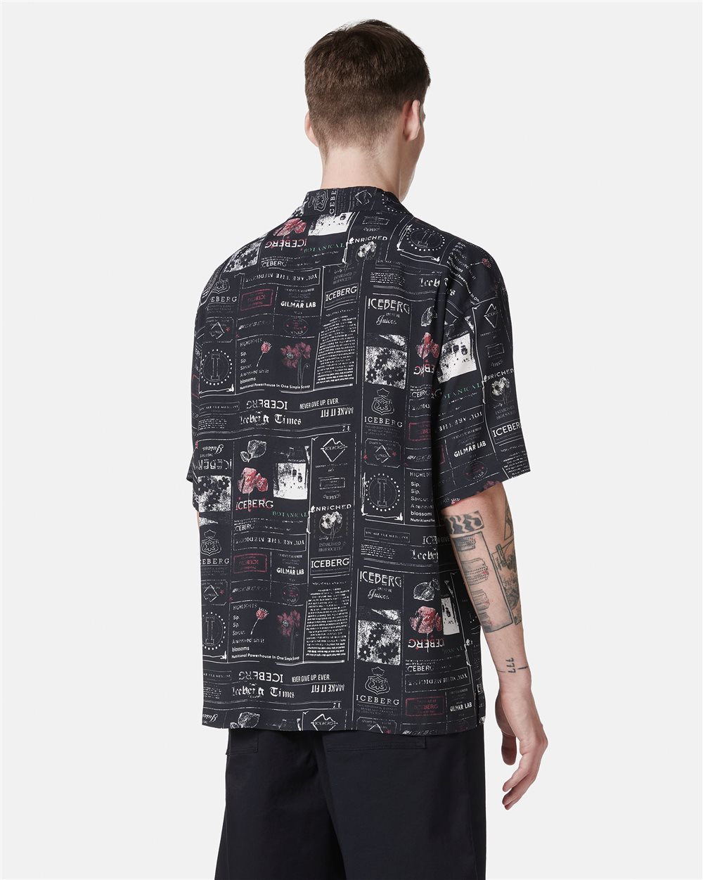 Dark blue relaxed fit short sleeve bowling style shirt with allover logo - Iceberg - Official Website