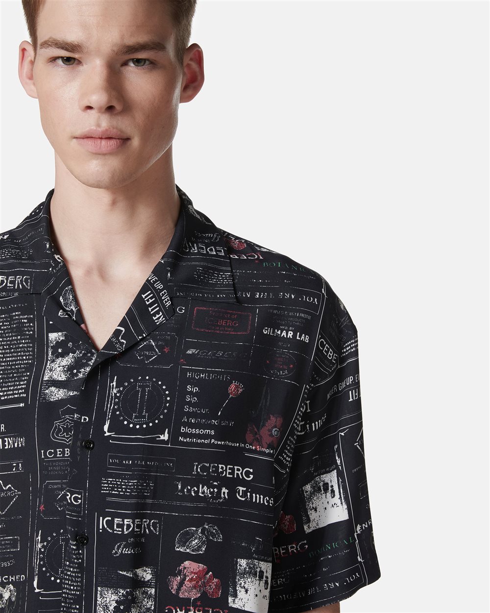 Dark blue relaxed fit short sleeve bowling style shirt with allover logo - Iceberg - Official Website