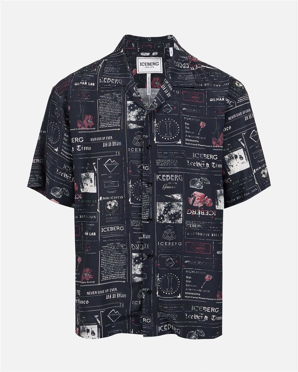 Dark blue relaxed fit short sleeve bowling style shirt with allover logo - Iceberg - Official Website