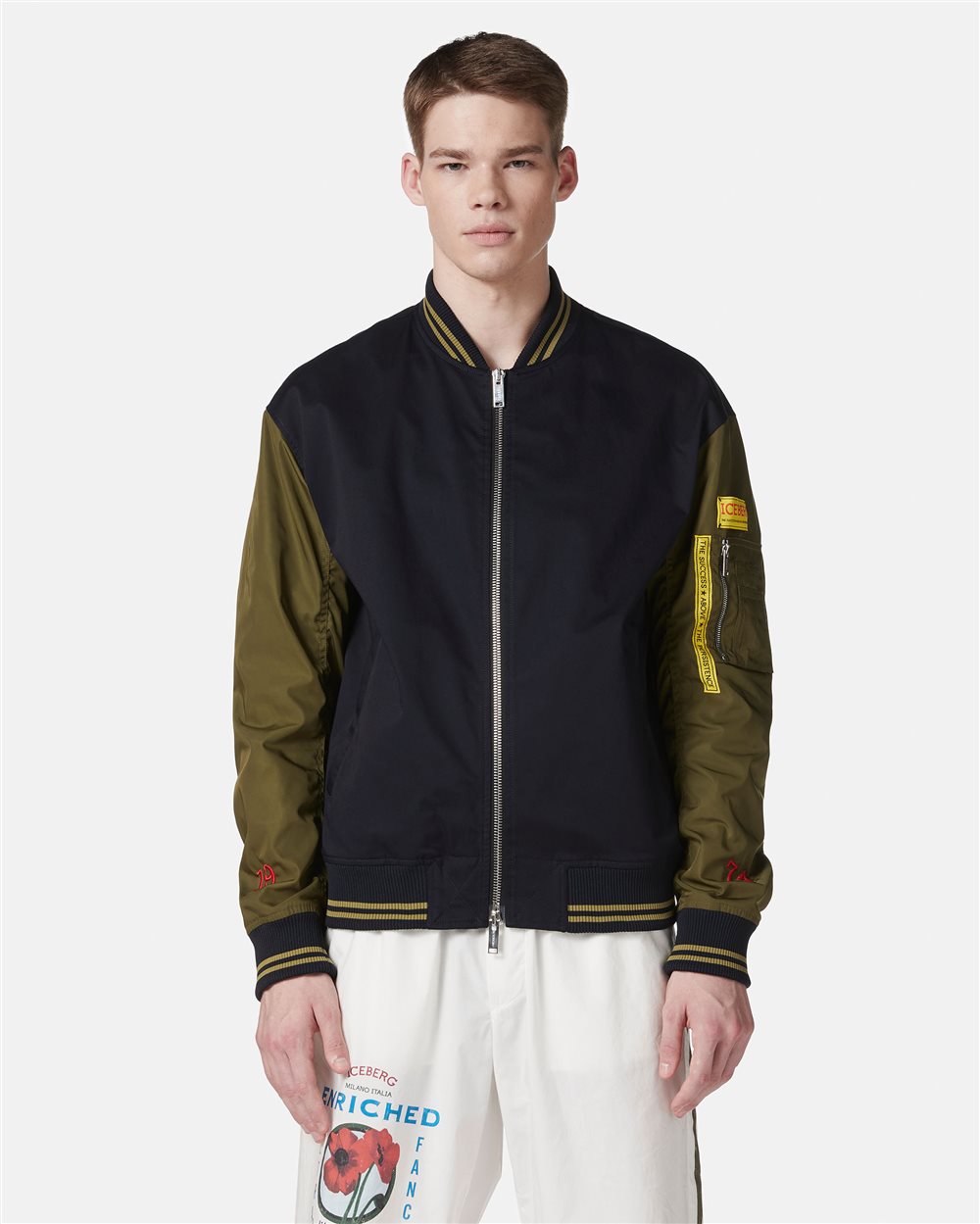 Blue and green regular fit jacket in gabardine with contrasting sleeves - Iceberg - Official Website