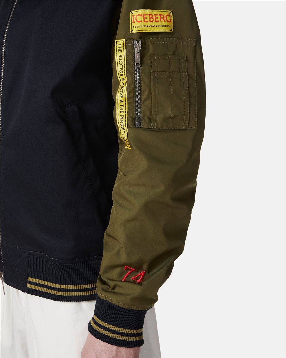 Blue and green regular fit jacket in gabardine with contrasting sleeves - Iceberg - Official Website