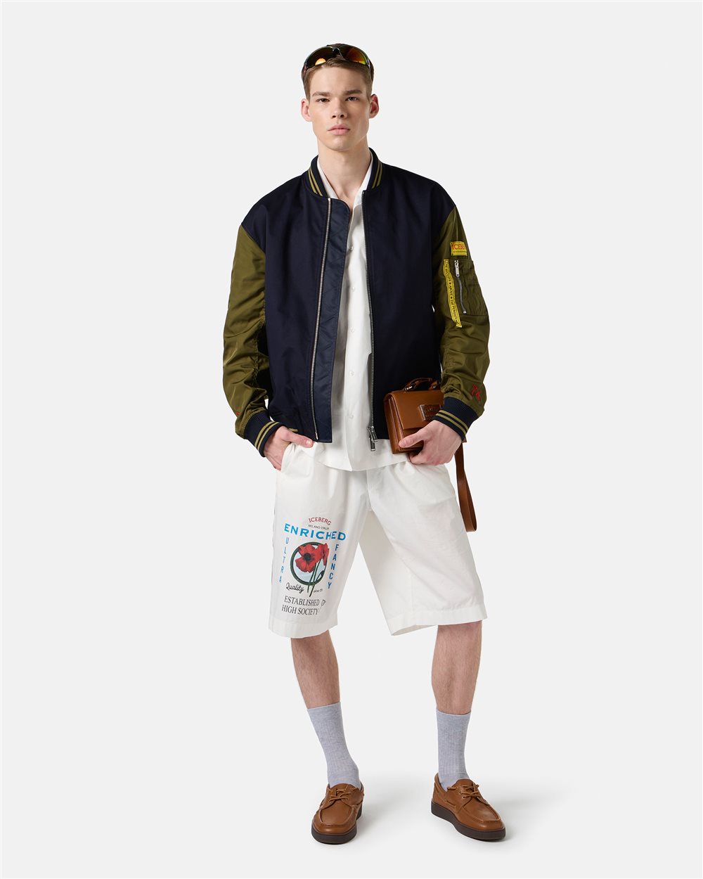 Blue and green regular fit jacket in gabardine with contrasting sleeves - Iceberg - Official Website