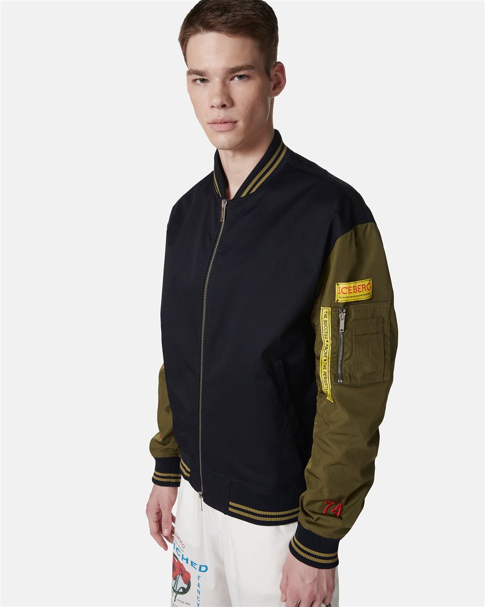 Blue and green regular fit jacket in gabardine with contrasting sleeves - Iceberg - Official Website