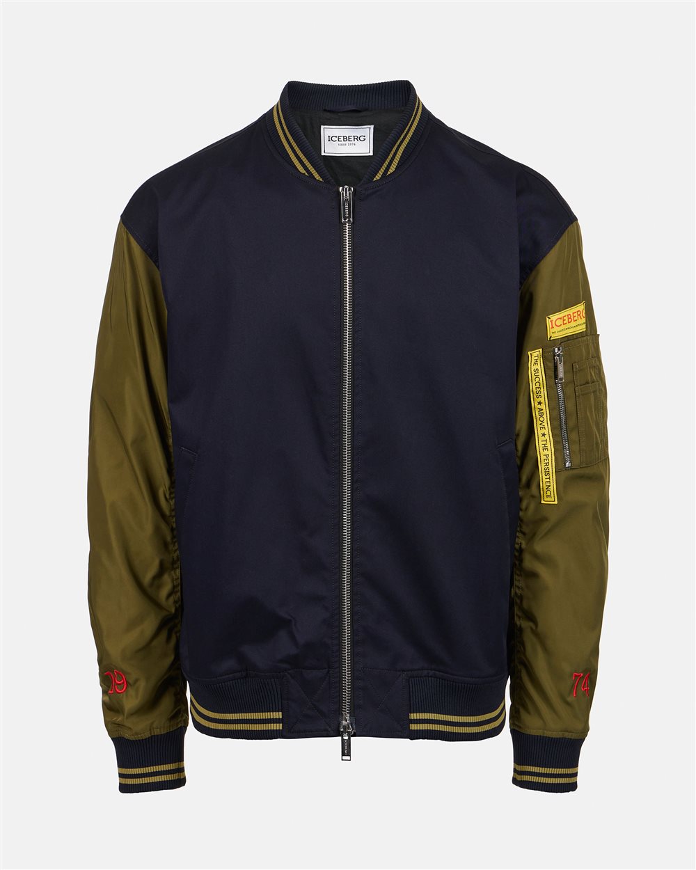 Blue and green regular fit jacket in gabardine with contrasting sleeves - Iceberg - Official Website