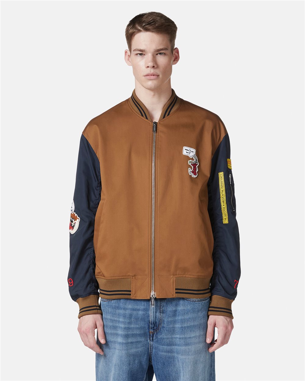 Brown and blue regular fit jacket in gabardine with contrasting sleeves - Iceberg - Official Website