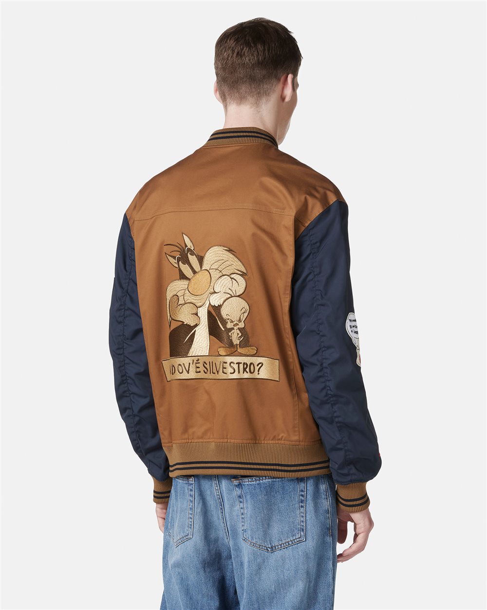 Brown and blue regular fit jacket in gabardine with contrasting sleeves - Iceberg - Official Website