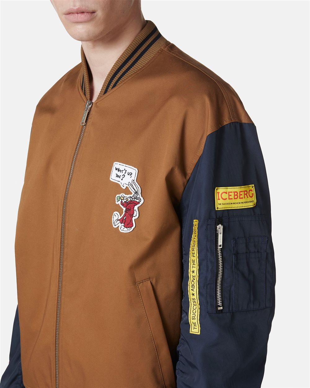 Brown and blue regular fit jacket in gabardine with contrasting sleeves - Iceberg - Official Website