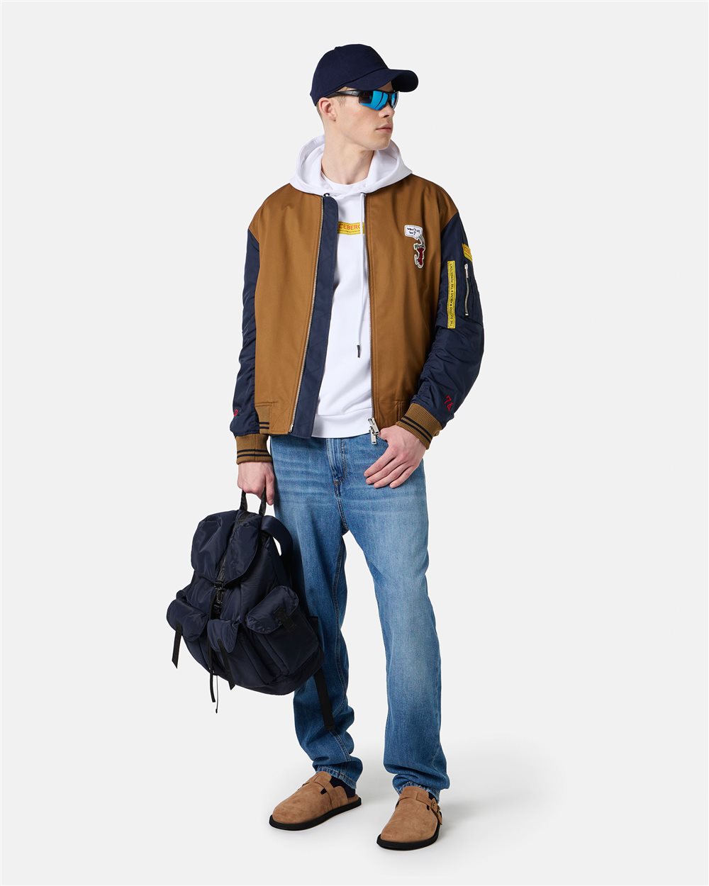 Brown and blue regular fit jacket in gabardine with contrasting sleeves - Iceberg - Official Website