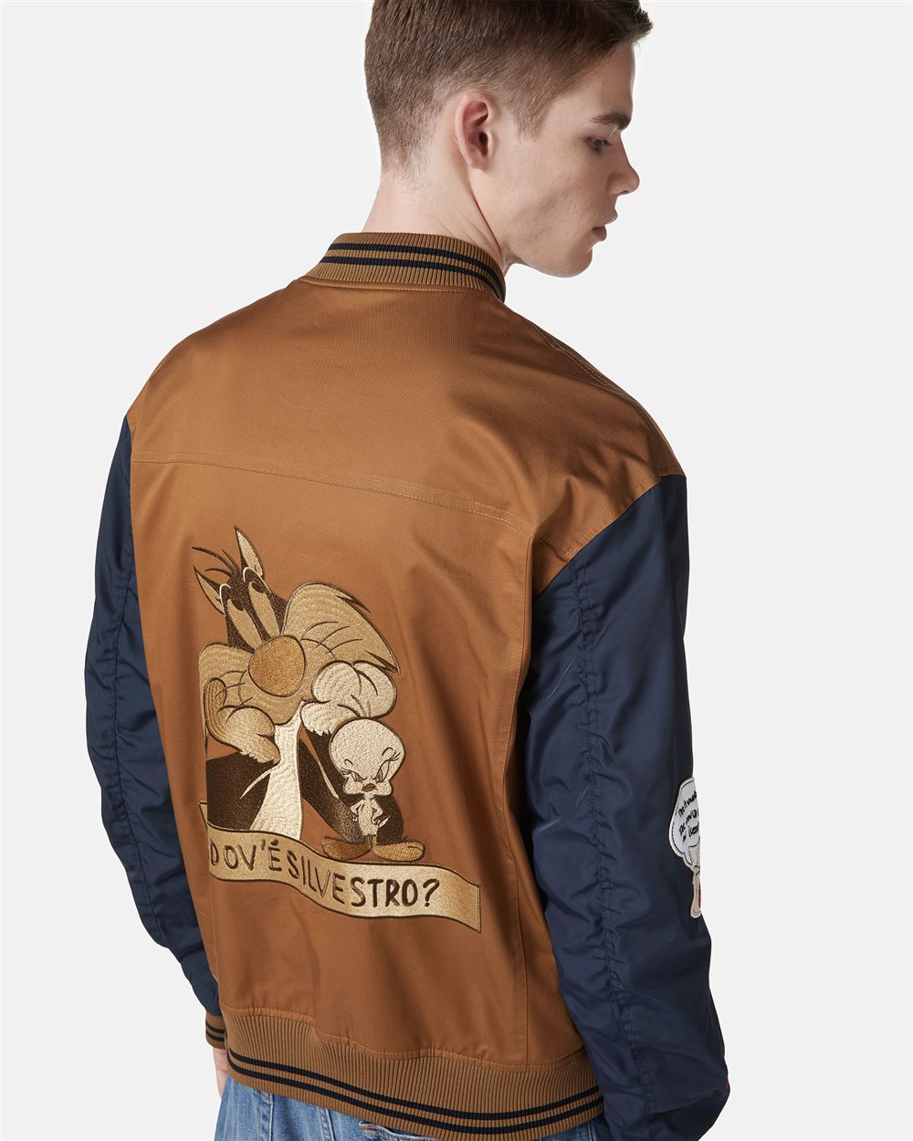 Brown and blue regular fit jacket in gabardine with contrasting sleeves - Iceberg - Official Website