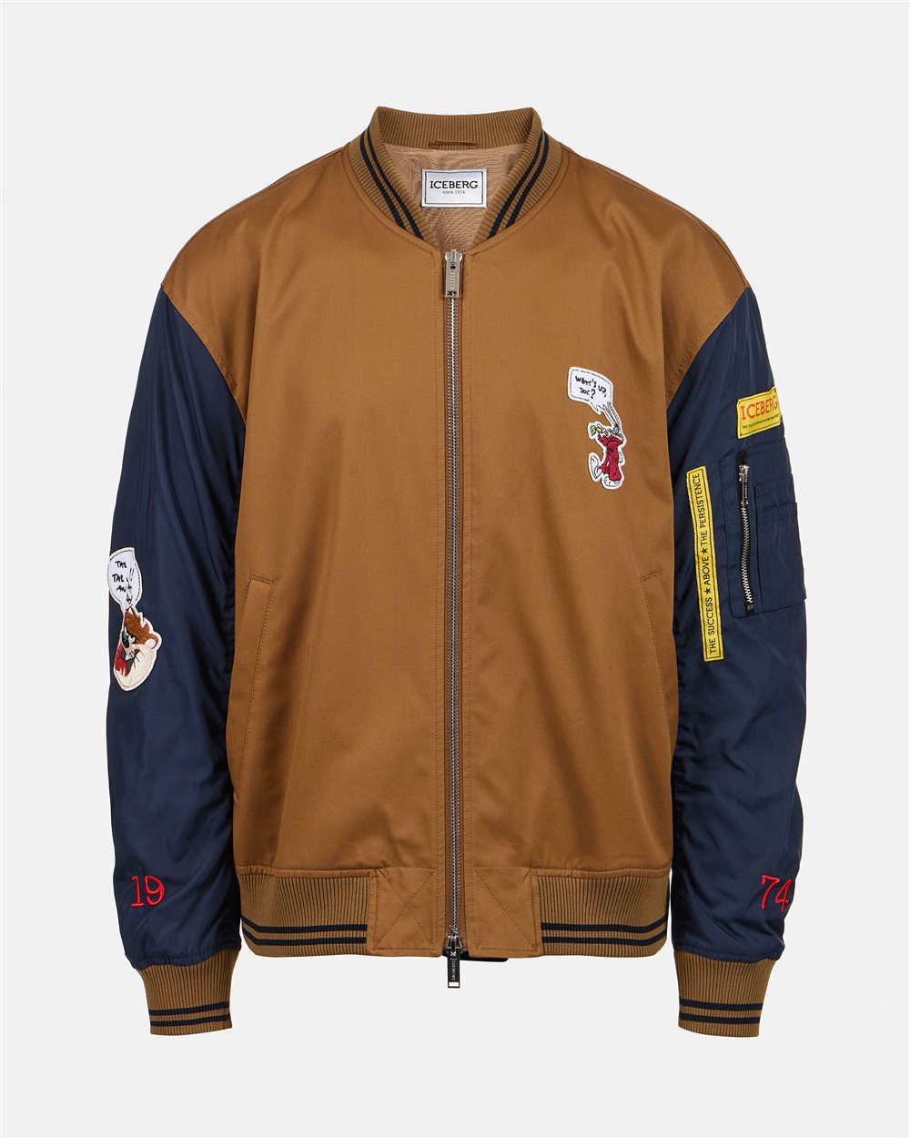 Brown and blue regular fit jacket in gabardine with contrasting sleeves - Iceberg - Official Website