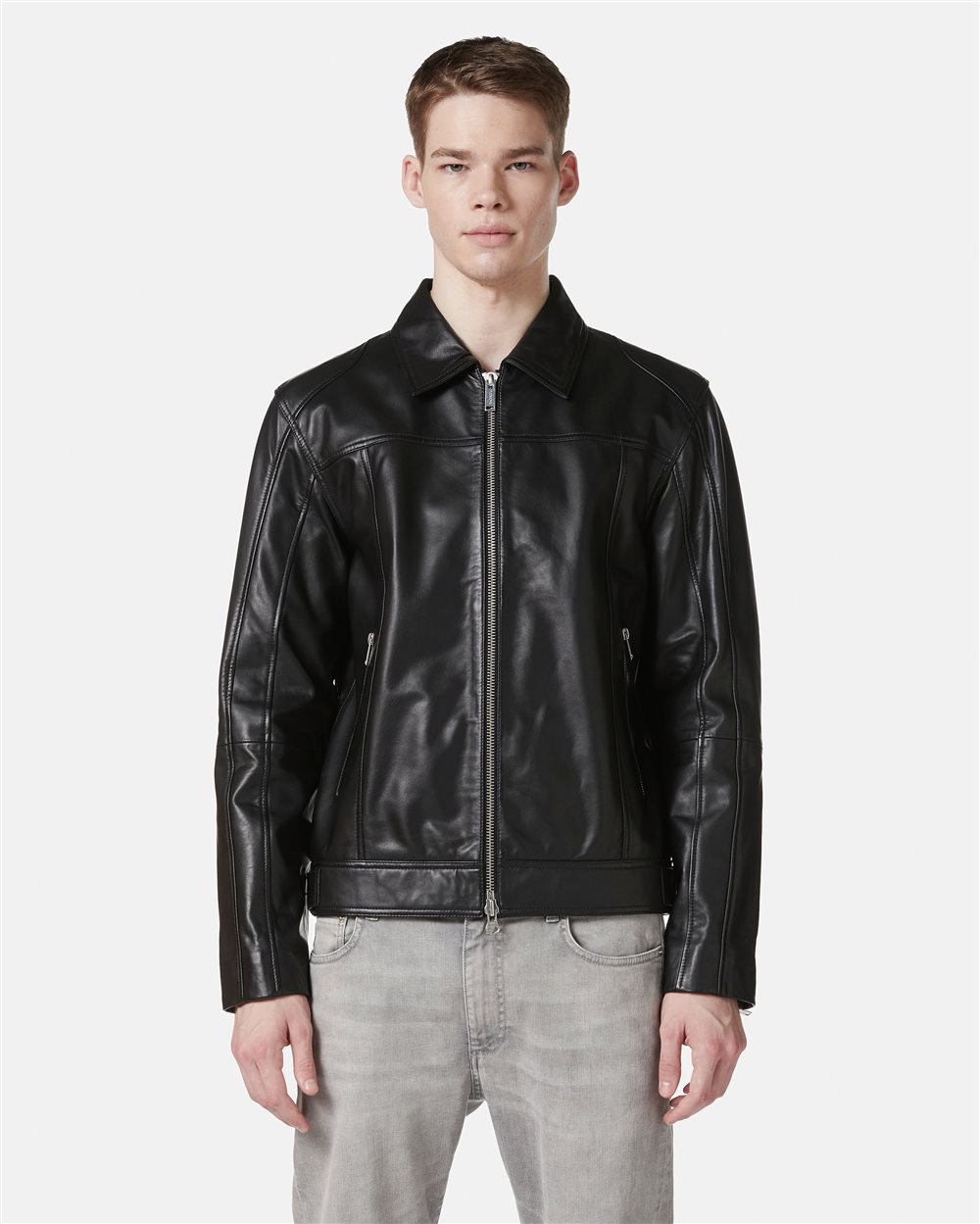 Giubbotto nero modello chiodo in nappa con logo Iceberg - Iceberg - Official Website