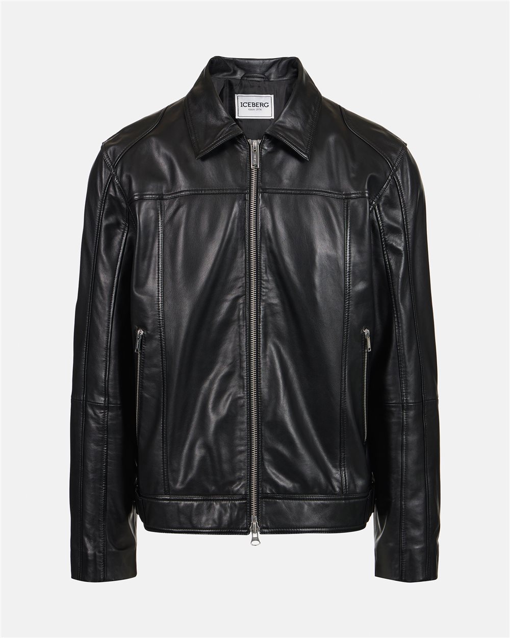 Giubbotto nero modello chiodo in nappa con logo Iceberg - Iceberg - Official Website