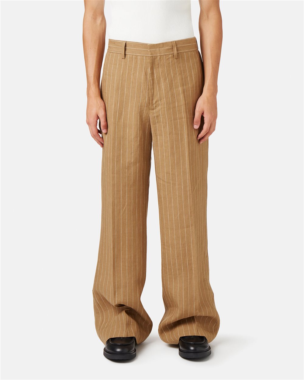 Beige-white comfort fit trousers in pinstriped linen - Iceberg - Official Website