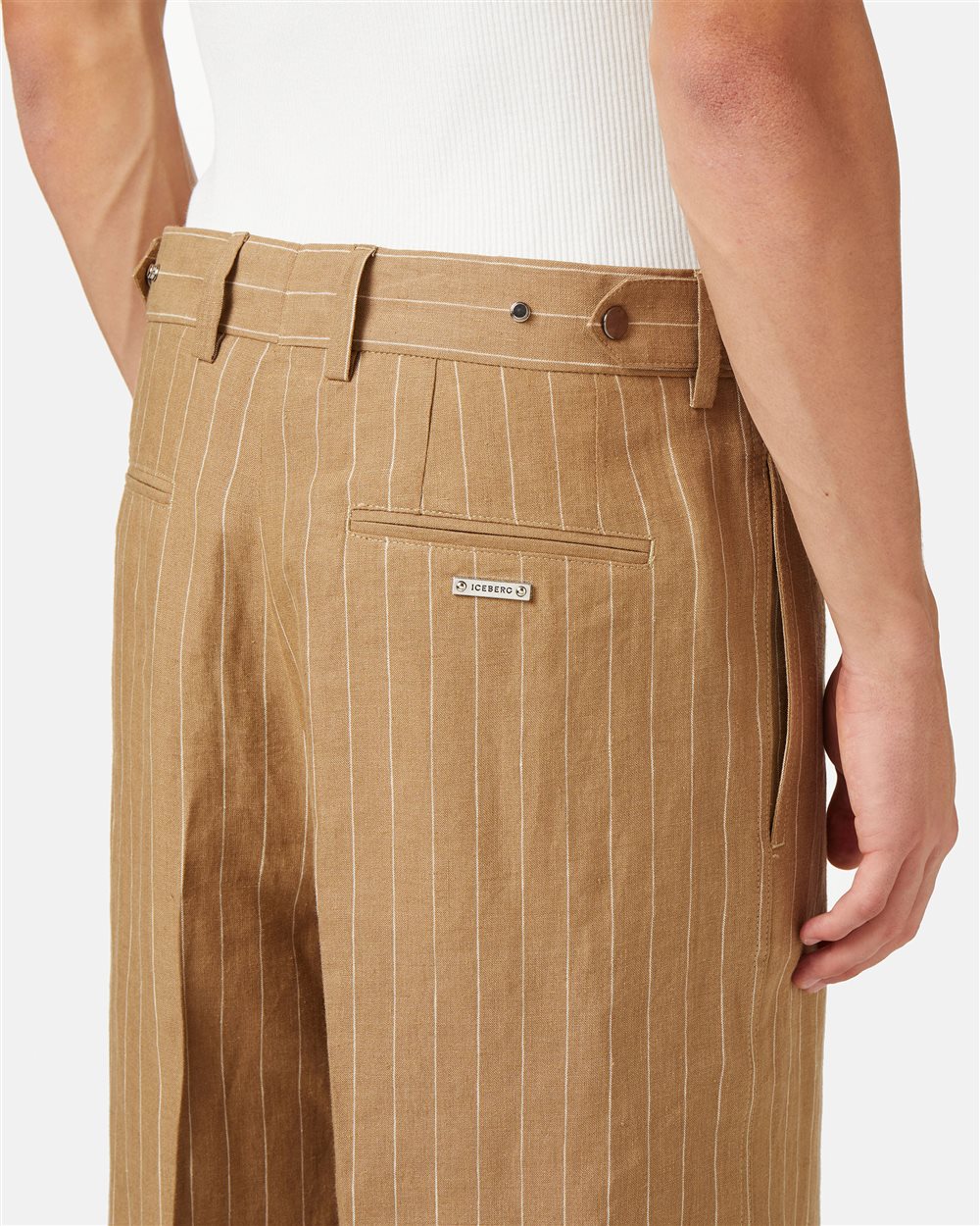 Beige-white comfort fit trousers in pinstriped linen - Iceberg - Official Website