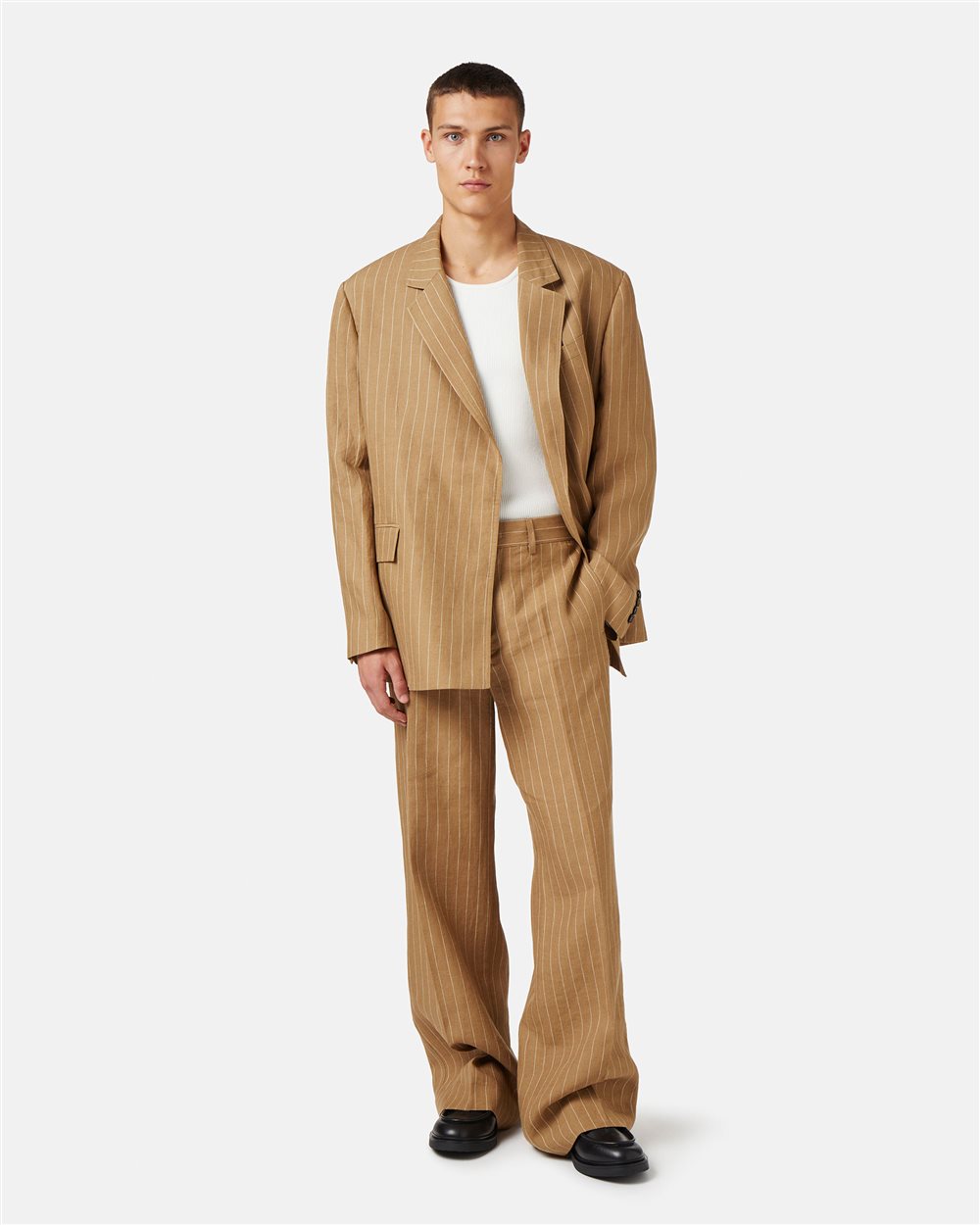 Beige-white comfort fit trousers in pinstriped linen - Iceberg - Official Website