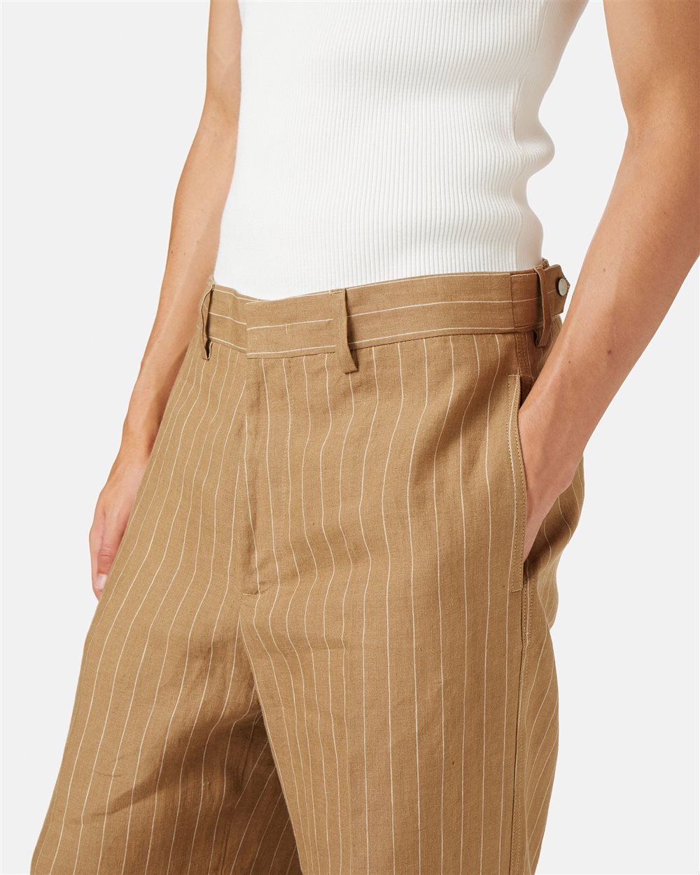 Beige-white comfort fit trousers in pinstriped linen - Iceberg - Official Website