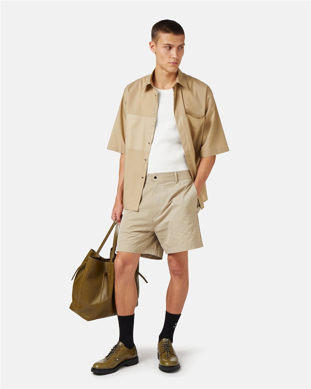 Mud-colored regular-fit Bermuda shorts in technical nylon - Iceberg - Official Website