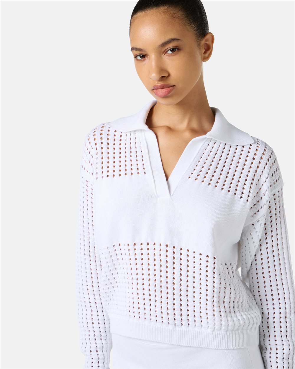 Polo bianca in cotone con righe traforate e logo Iceberg - Iceberg - Official Website