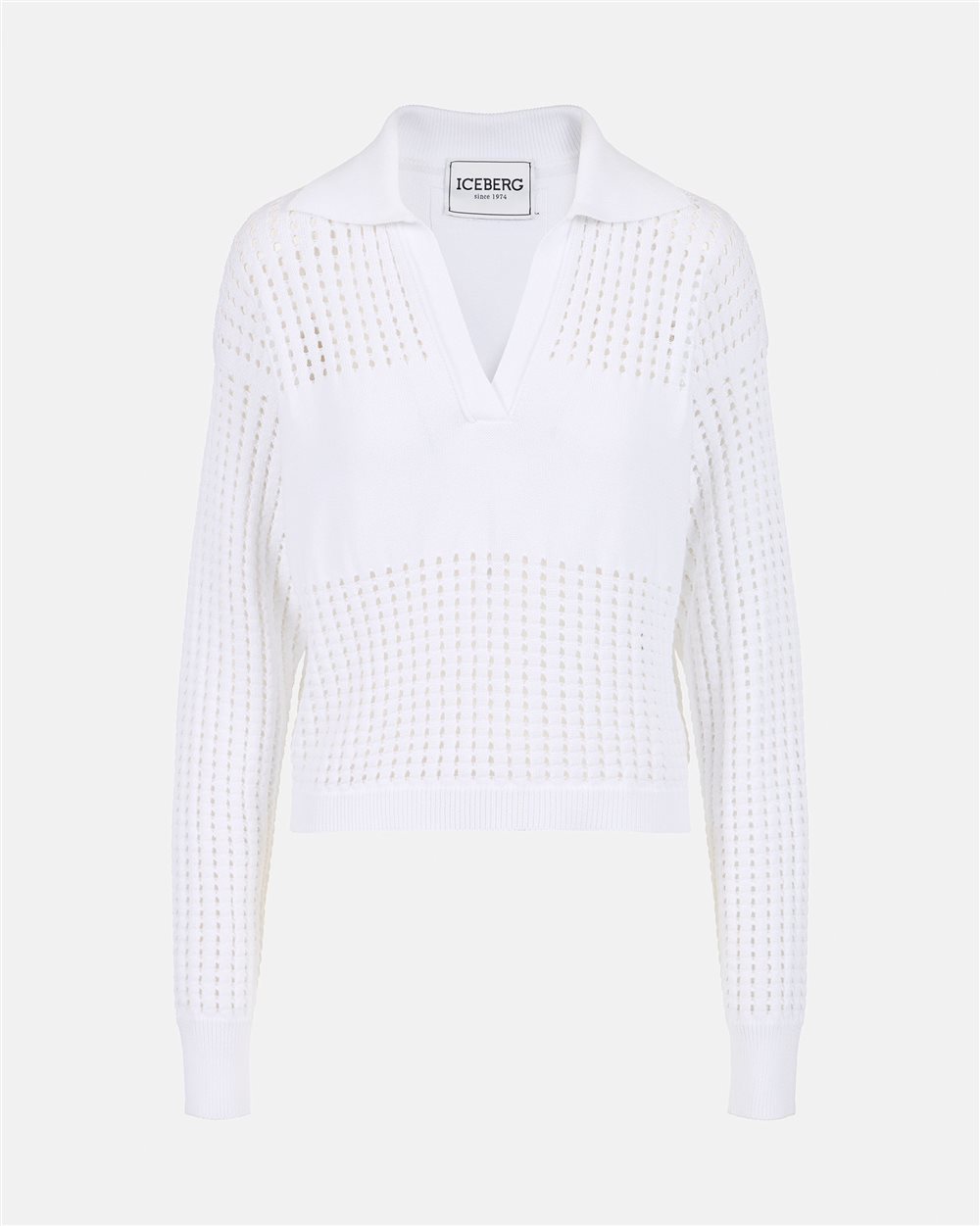 Polo bianca in cotone con righe traforate e logo Iceberg - Iceberg - Official Website