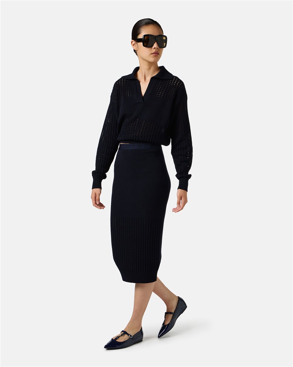 Polo blu in cotone con righe traforate e logo Iceberg - Iceberg - Official Website