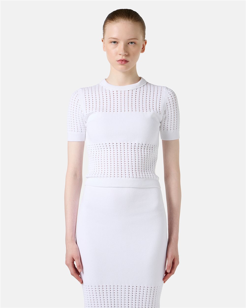 Maglia bianca mezza manica in cotone elasticizzato con righe traforate e logo Iceberg - Iceberg - Official Website