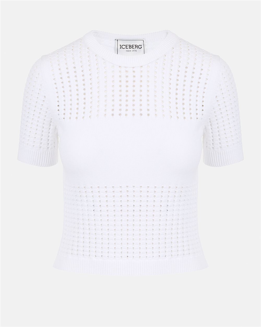 Maglia bianca mezza manica in cotone elasticizzato con righe traforate e logo Iceberg - Iceberg - Official Website