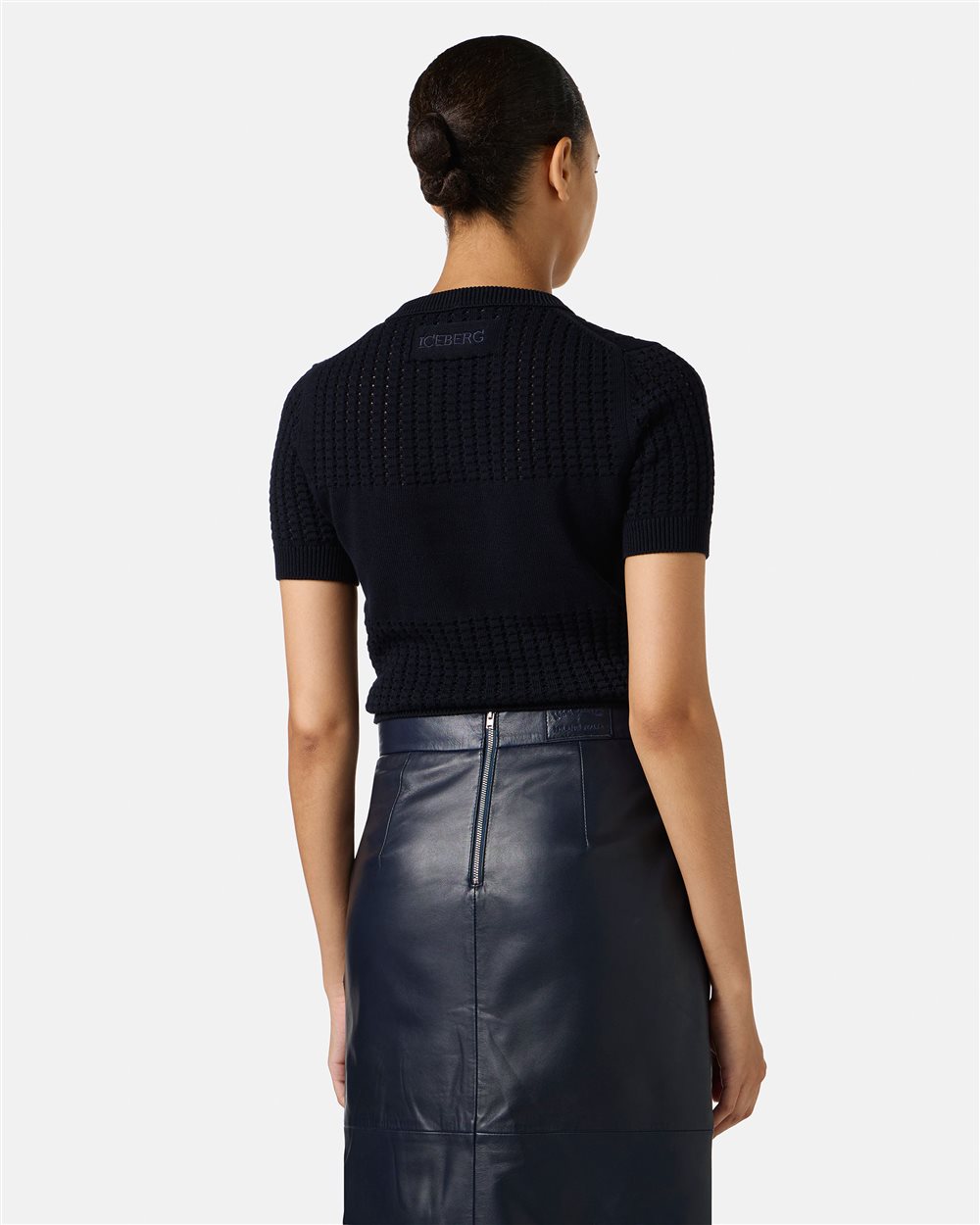 Blue half-sleeve sweater in stretch cotton with perforated stripes and Iceberg logo - Iceberg - Official Website