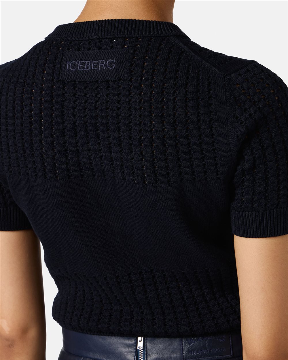 Blue half-sleeve sweater in stretch cotton with perforated stripes and Iceberg logo - Iceberg - Official Website