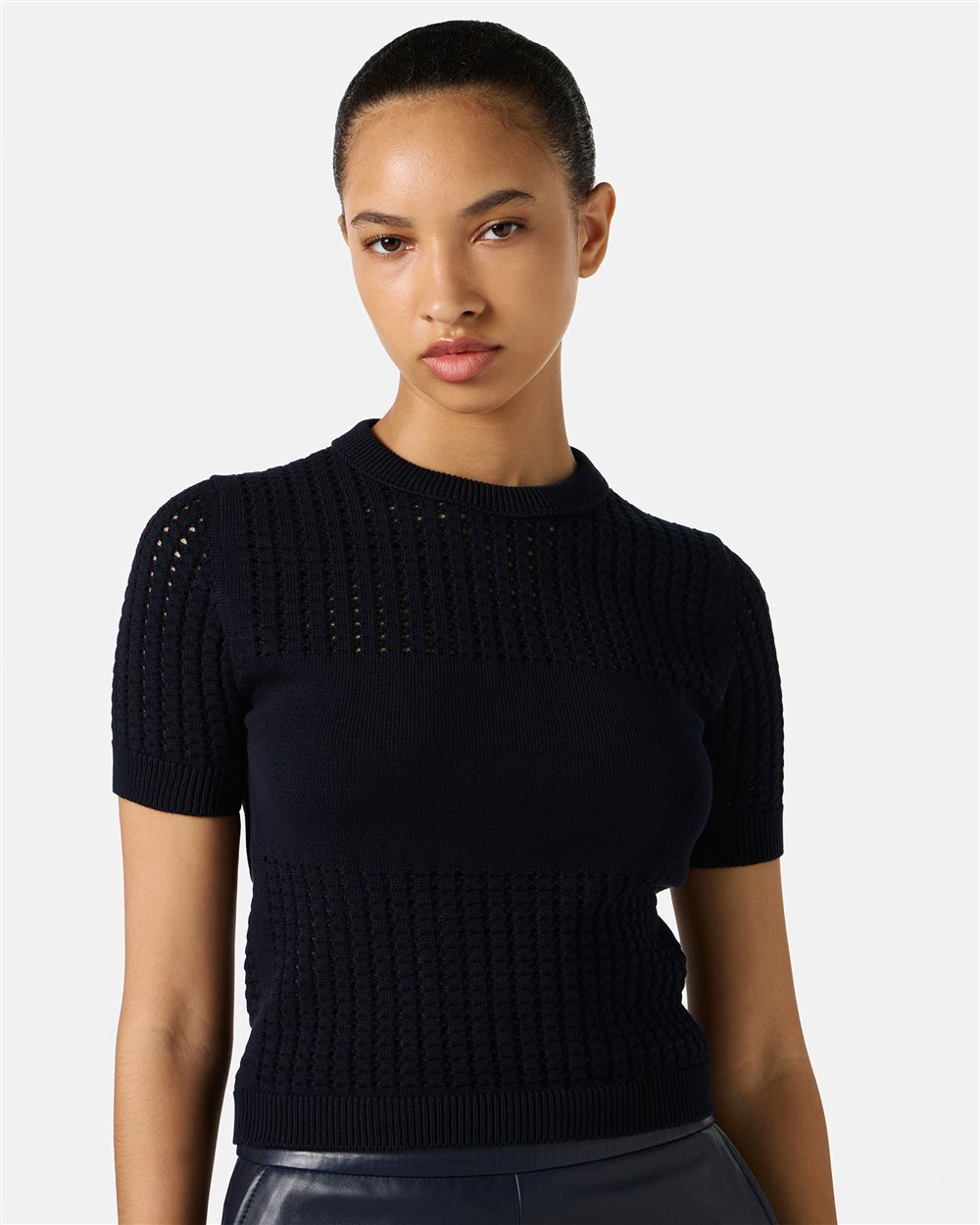 Blue half-sleeve sweater in stretch cotton with perforated stripes and Iceberg logo - Iceberg - Official Website