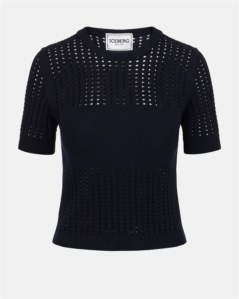 Blue half-sleeve sweater in stretch cotton with perforated stripes and Iceberg logo - Iceberg - Official Website