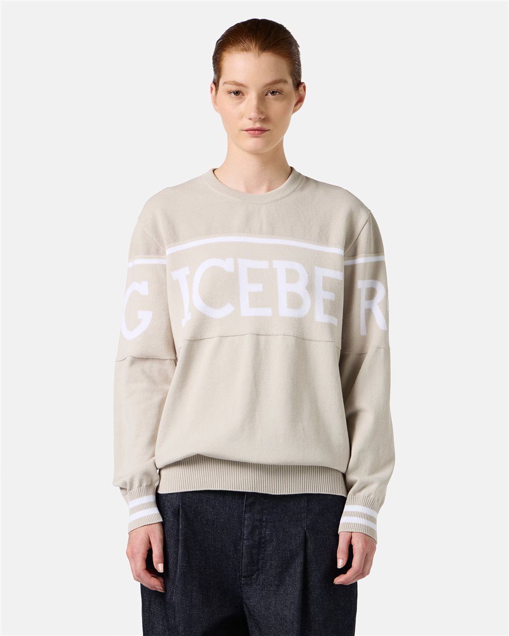 Ice-colored carry-over crewneck in cotton with jacquard logo stripe - Iceberg - Official Website