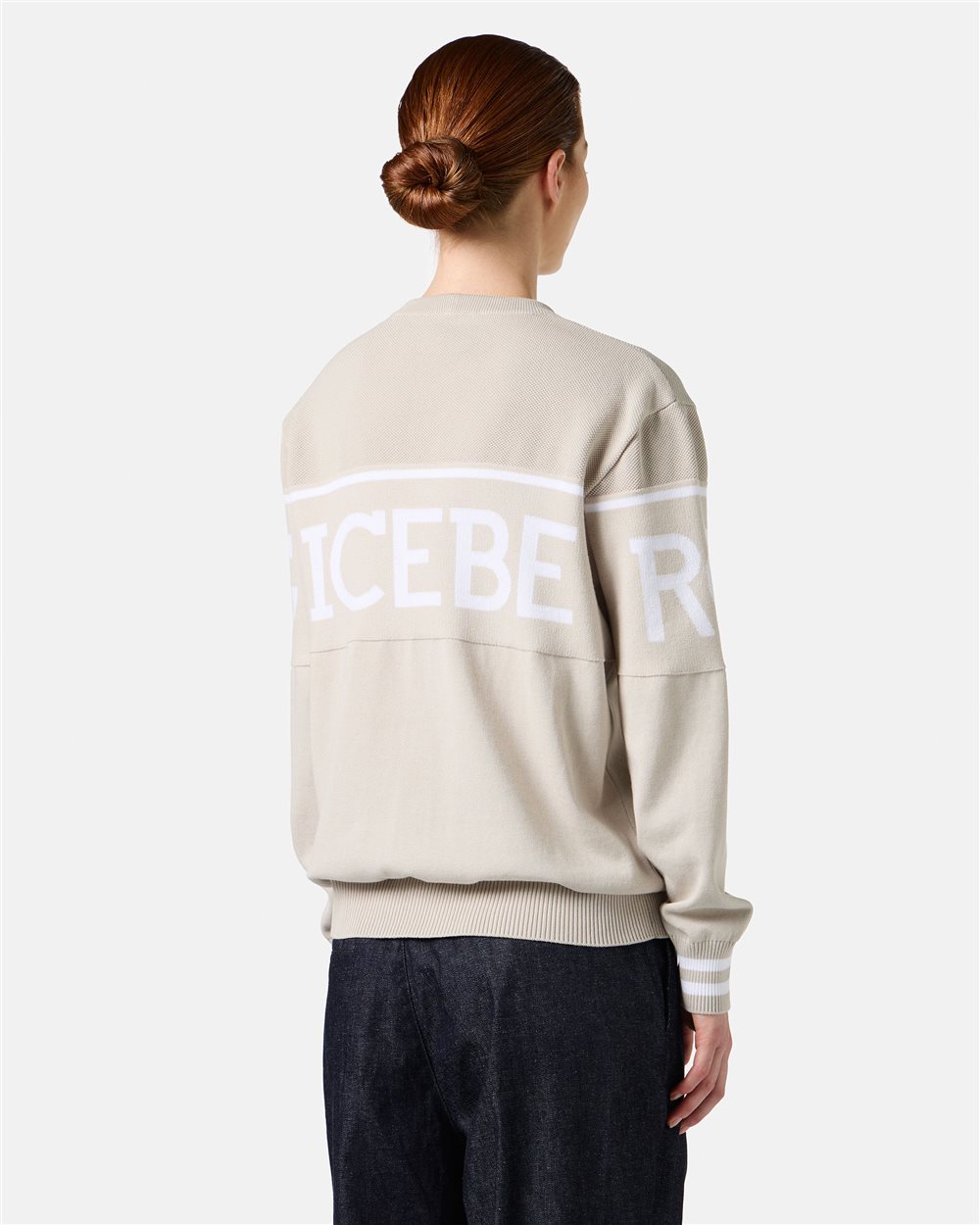 Ice-colored carry-over crewneck in cotton with jacquard logo stripe - Iceberg - Official Website