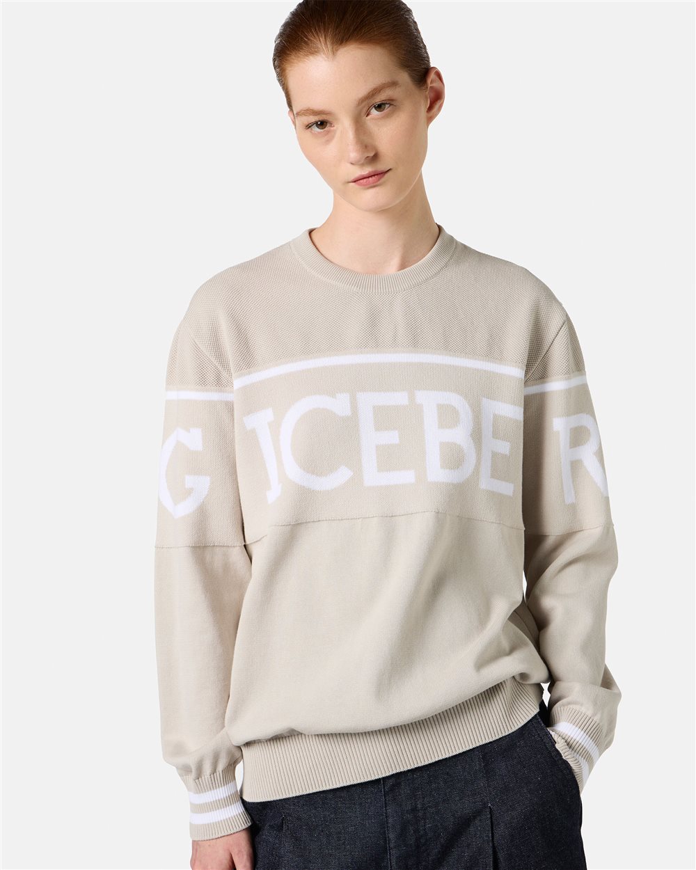 Ice-colored carry-over crewneck in cotton with jacquard logo stripe - Iceberg - Official Website