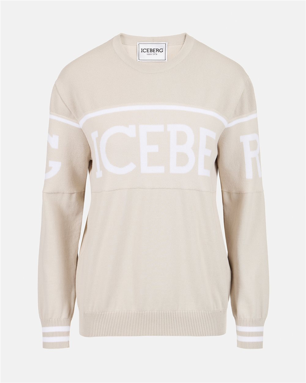 Ice-colored carry-over crewneck in cotton with jacquard logo stripe - Iceberg - Official Website