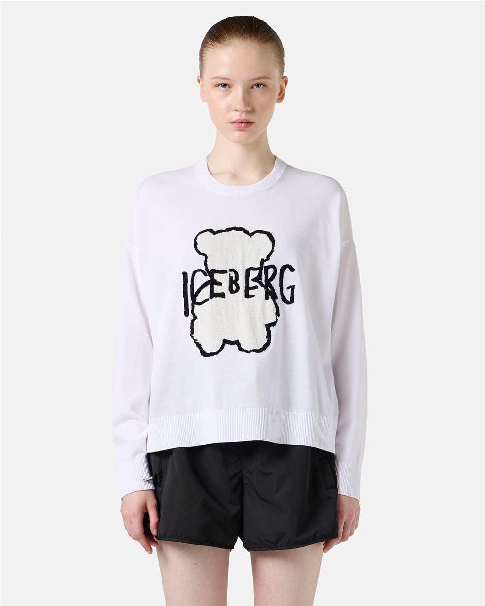 White crew neck sweater in super thin cotton - Iceberg - Official Website