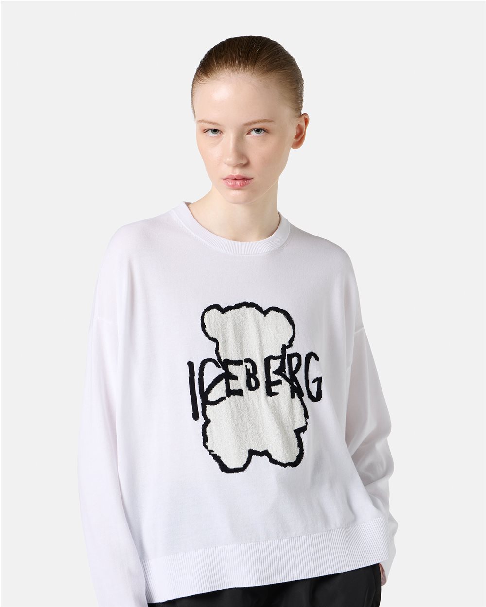 White crew neck sweater in super thin cotton - Iceberg - Official Website